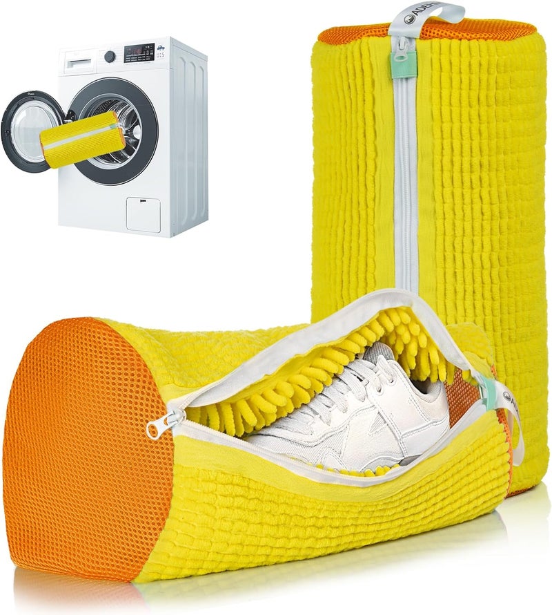 ADEHMDA 2Pcs Shoe Washing Machine Bag, Sneaker Laundry Bag for Washing Machine, Extra Long and Thick Microfibre Fluff, Reusable for Washer and Dryer (2pcs, Yellow-orange) - Image 1